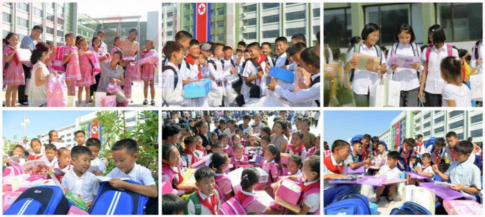 收到充满恩情的礼物感到欣喜万分的学龄前儿童和学生们