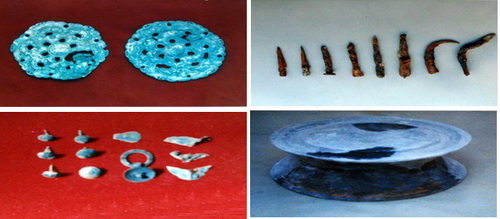 Bronze lotus plaque, bronze loop, bronze nails, bronze edge decorations, coffin nails, and ink stone