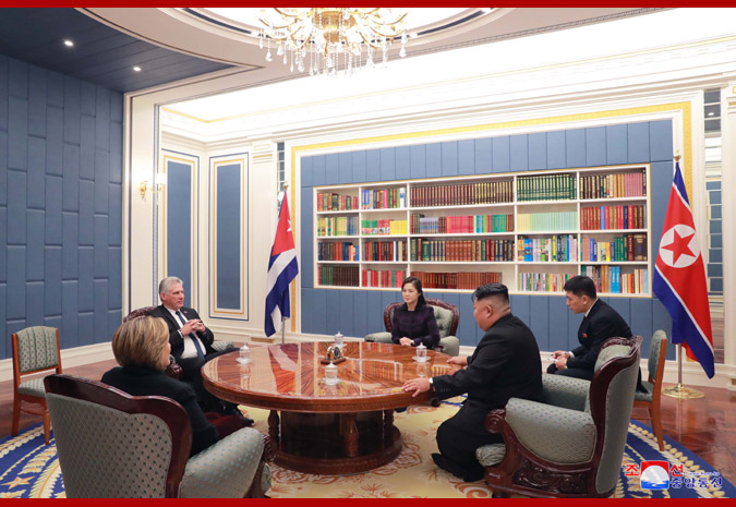 Supreme Leader Kim Jong Un Has Talk and Dinner with President of Cuban Council of State at Office Building of C.C., WPK