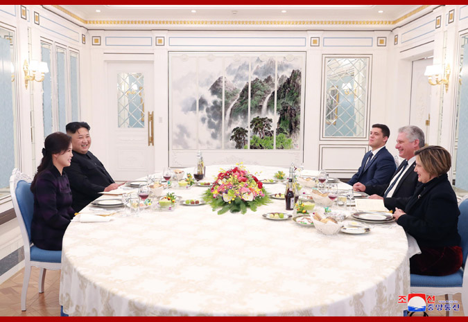 Supreme Leader Kim Jong Un Has Talk and Dinner with President of Cuban Council of State at Office Building of C.C., WPK