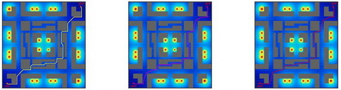 세 알고리듬에서 얻어진 최소선량경로들 세 알고리듬에서 얻어진 최소선량경로들