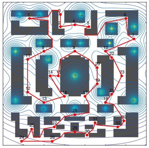 세번째 가상환경에서 얻어진 최소선량경로 세번째 가상환경에서 얻어진 최소선량경로