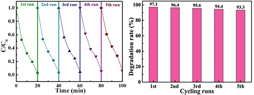 Bi<sub>2</sub>WO<sub>6</sub>/Bi<sub>4</sub>V<sub>2</sub>O<sub>11</sub>异质结光催化剂的光催化分解循环测试结果